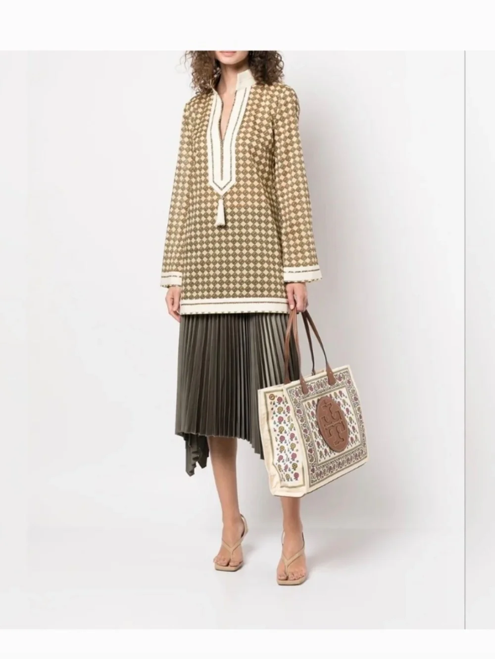Tory Burch Printed Tory Tassel Tunic French Cream Basketweave Dress S NWT